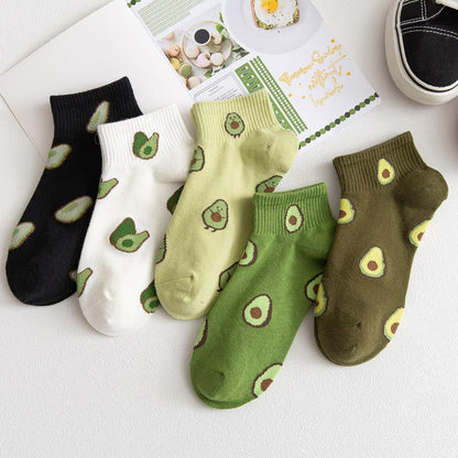 10Pcs=5Pairs/Pack New Cartoon Fruit Ankle Socks Women Summer Japanese Avocado Cute Boat Socks Chic Fashion Low-Cut Cotton Socks